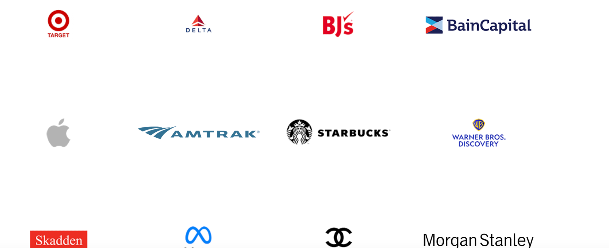 Organizations served through EAP benefits: Target, Delta, BJ’s, Bain Capital, Apple, Amtrak, Starbucks, Warner Bros. Discovery, Skadden, Meta, Chanel and Morgan Stanley