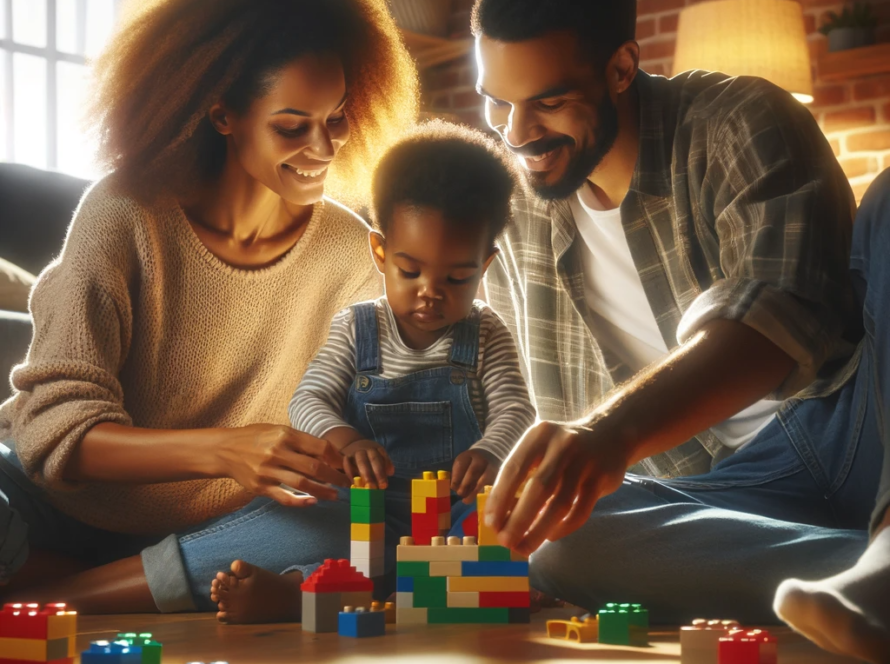 two african american parents sitting on the floor, their child in the middle, surrounded by toys and games. The parents are smiling and engaged with their child as they play together, showing positive body language and eye contact