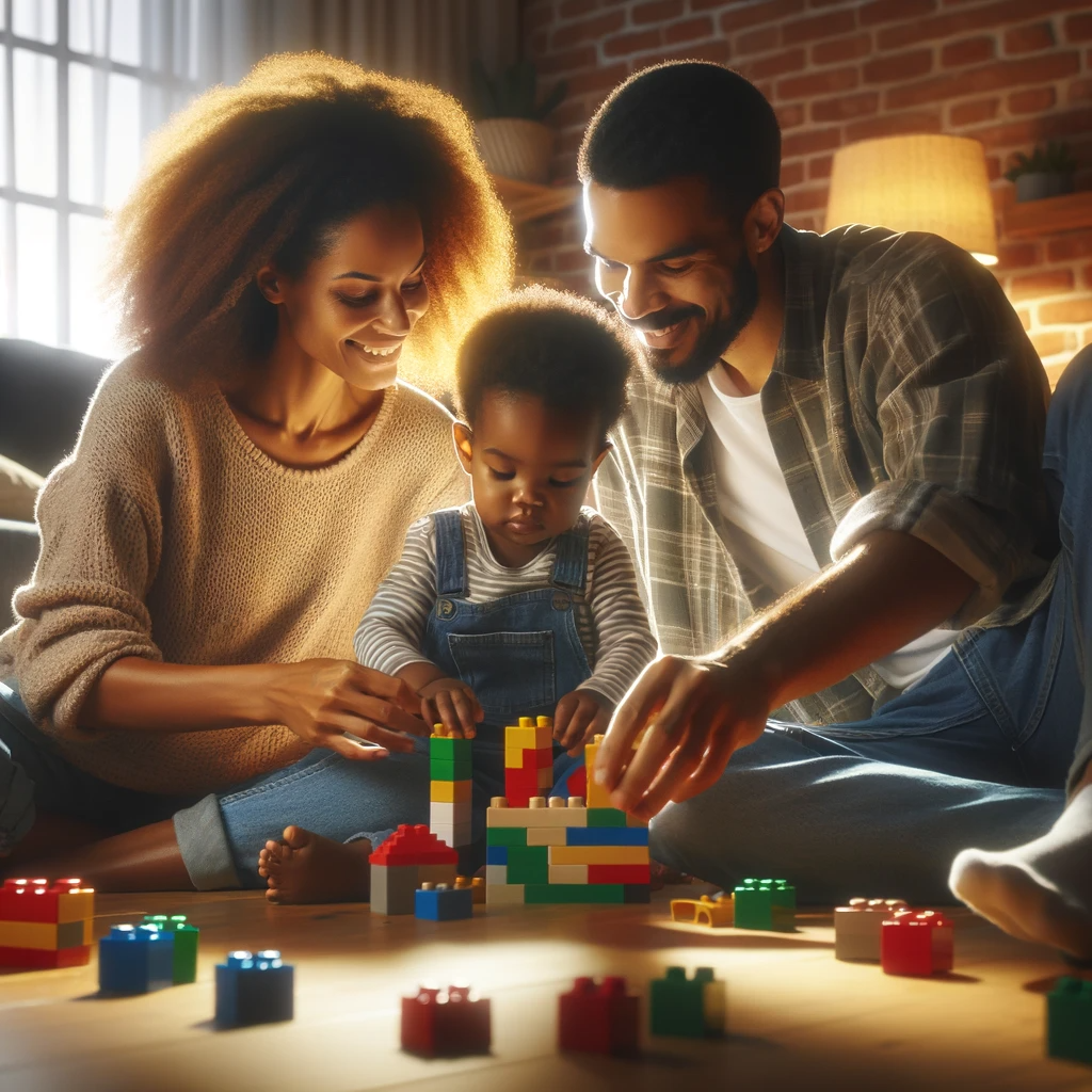 two african american parents sitting on the floor, their child in the middle, surrounded by toys and games. The parents are smiling and engaged with their child as they play together, showing positive body language and eye contact