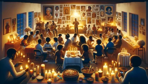 image that captures the essence of the African American tradition of celebrating 'Nine Nights' as a grief ritual. The setting is