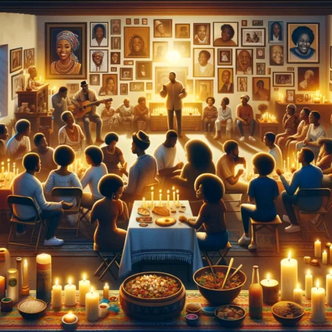 image that captures the essence of the African American tradition of celebrating 'Nine Nights' as a grief ritual. The setting is
