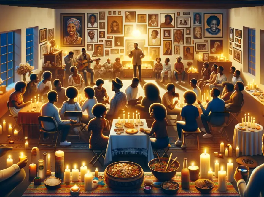 image that captures the essence of the African American tradition of celebrating 'Nine Nights' as a grief ritual. The setting is