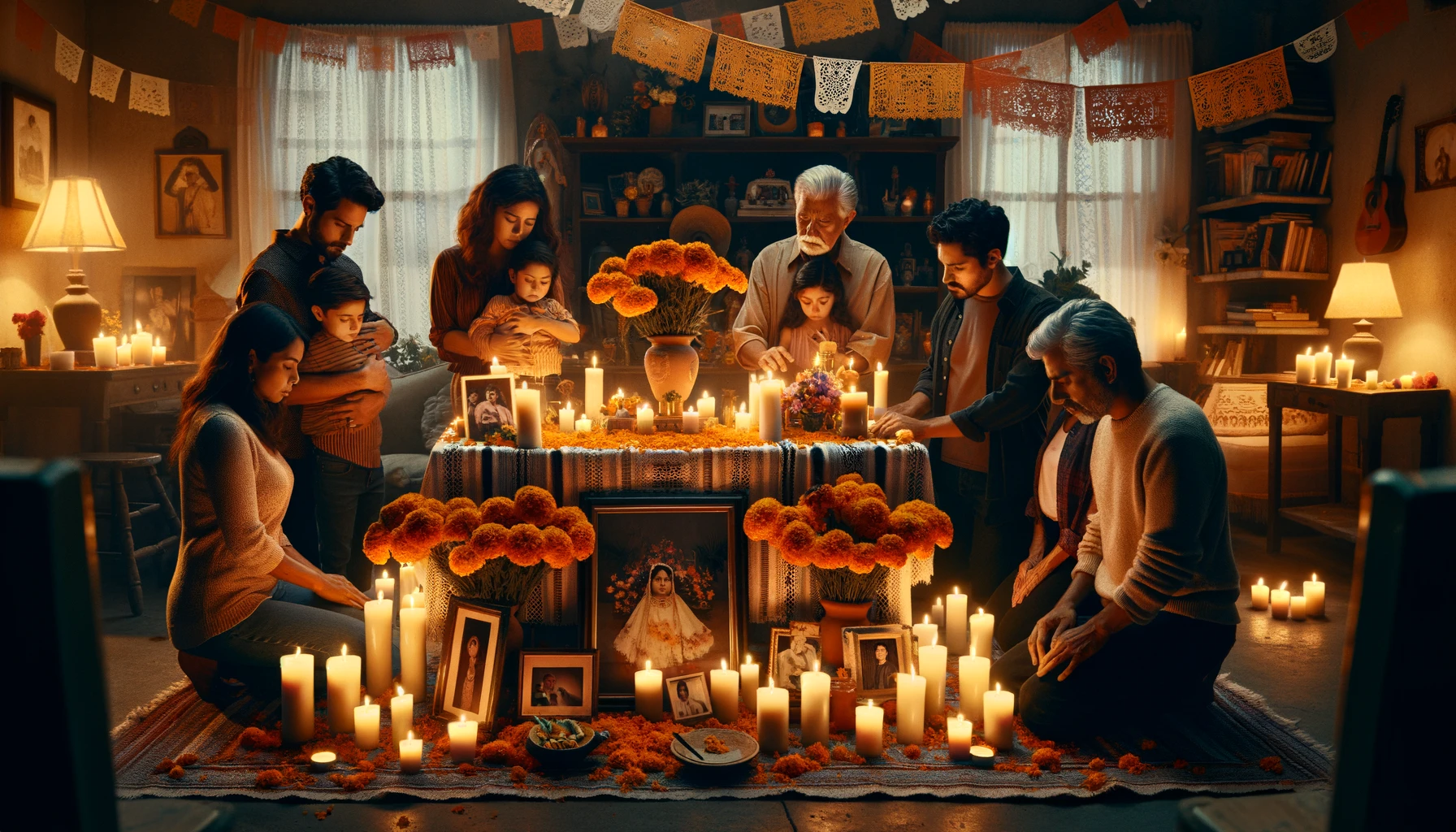 Create a rectangular image depicting an Hispanic grief ritual, illustrating a family gathering around an ofrenda (altar) adorned with candles,