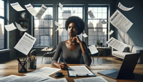 image of a Black woman in an office looking pensive with insurance papers floating around her. The office is well lit with