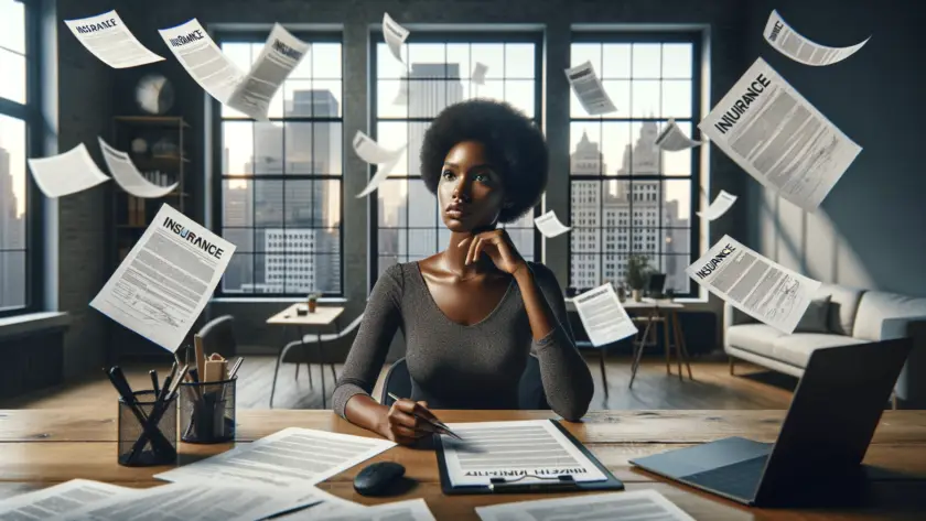 image of a Black woman in an office looking pensive with insurance papers floating around her. The office is well lit with