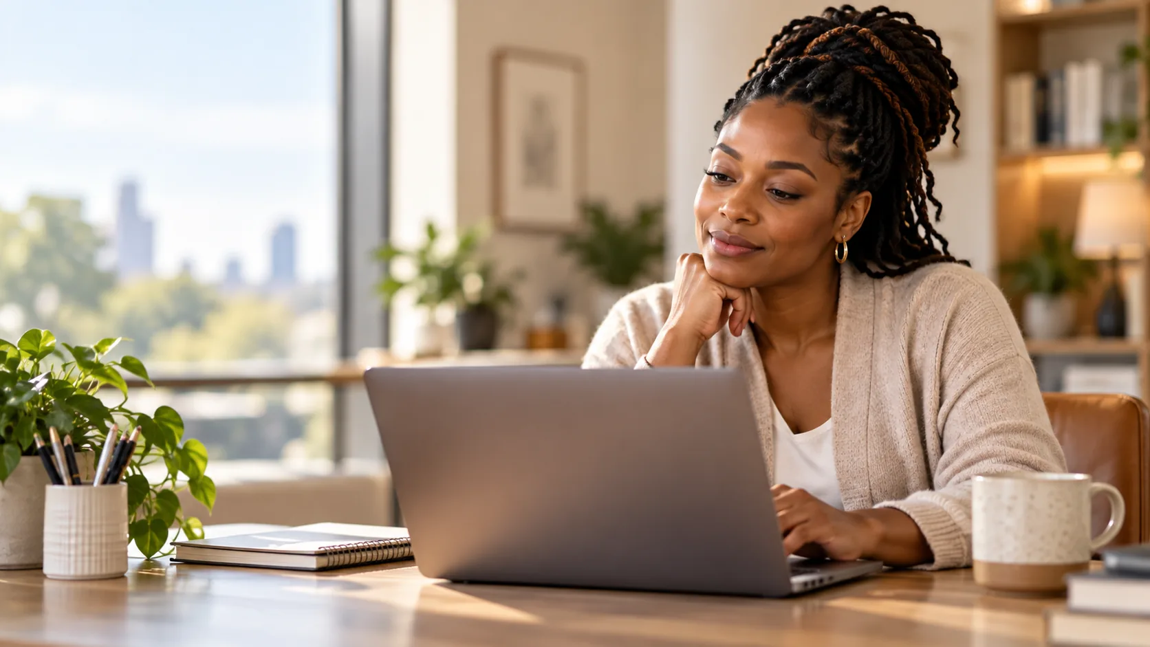Woman reviewing her employee benefits on a laptop at a sunny home desk