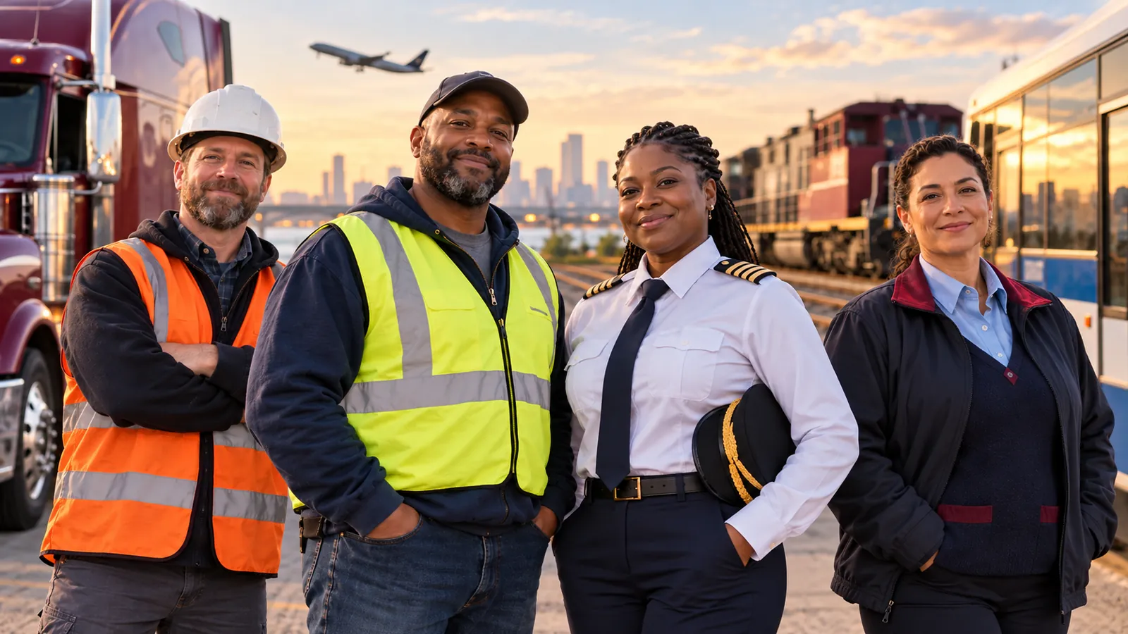 Railroad worker, truck driver, pilot and transit operator standing together