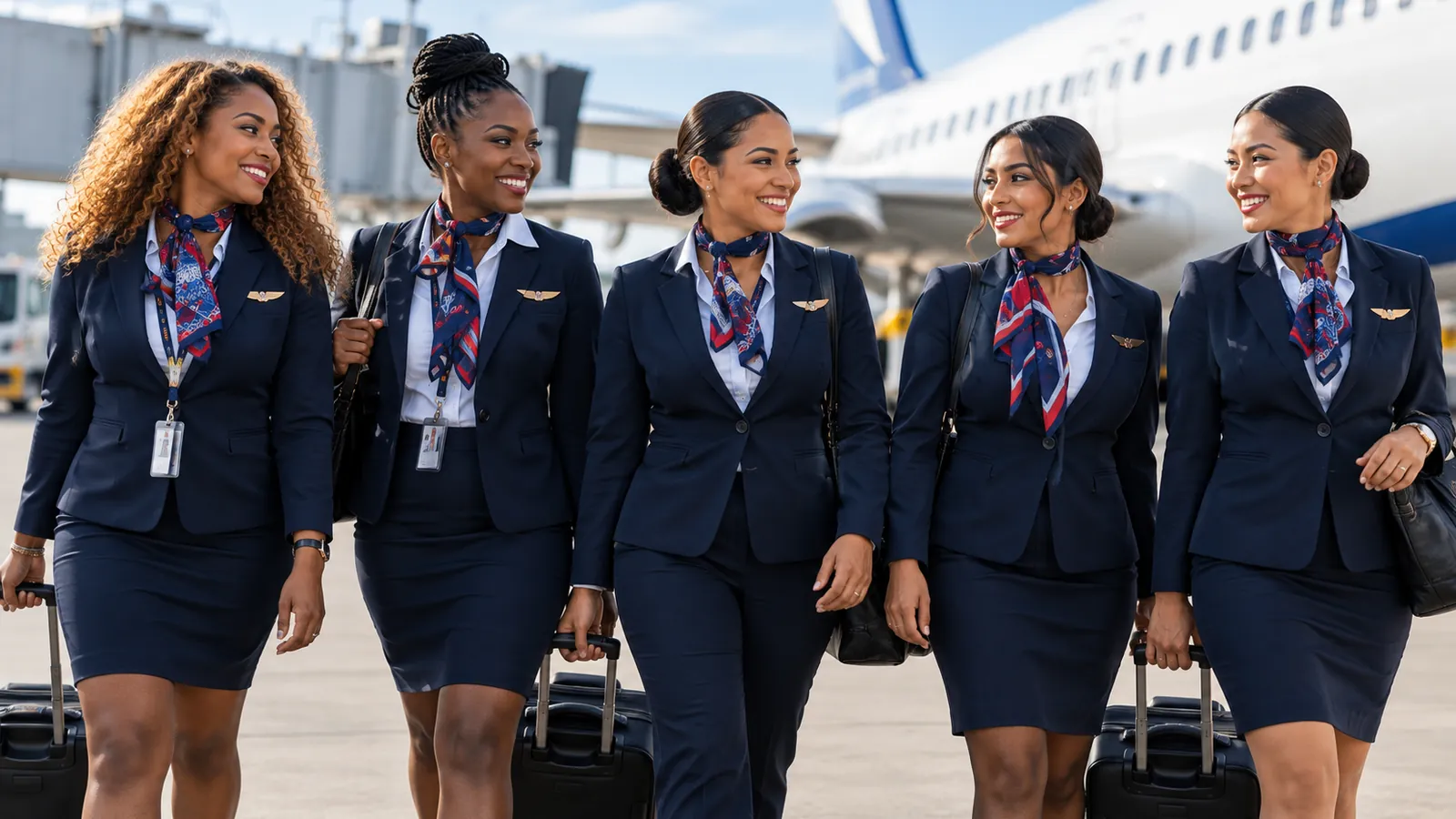 Flight attendants walking on an airport ramp