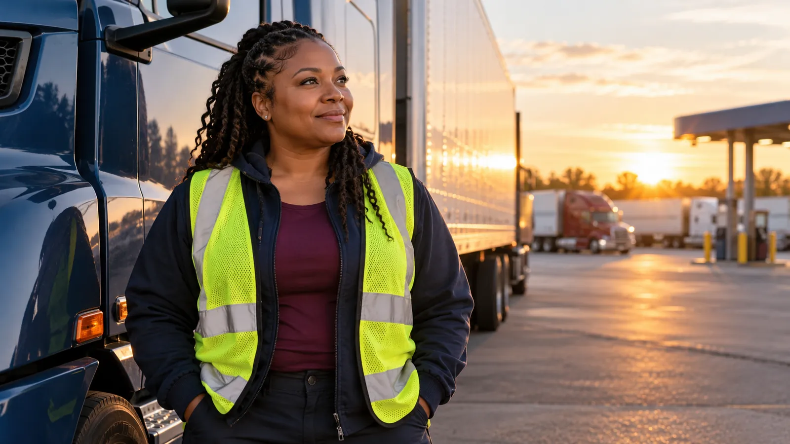 Commercial truck driver standing beside her truck at a truck stop