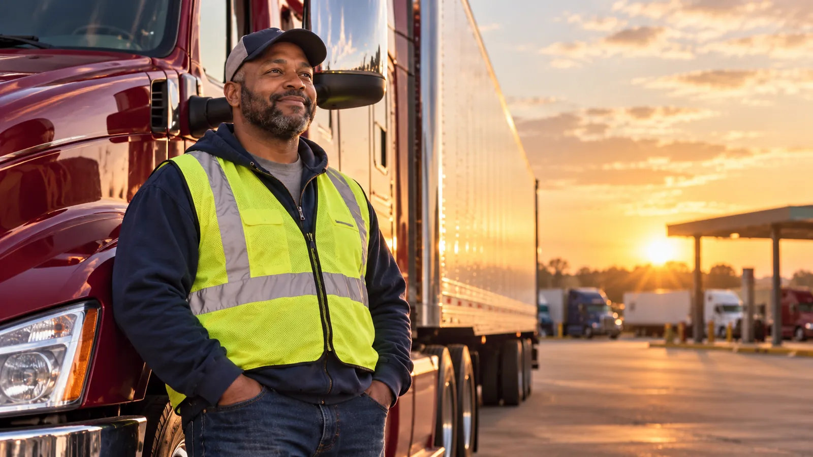 Commercial truck driver beside a tractor-trailer
