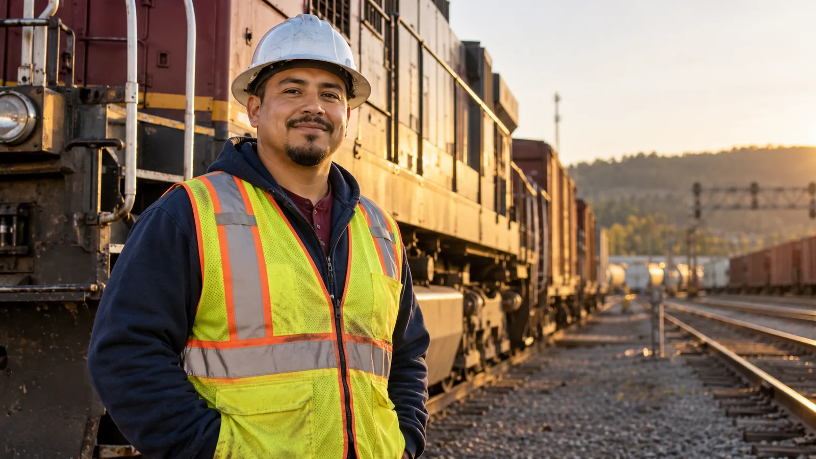 Railroad worker in a safety vest beside a freight train