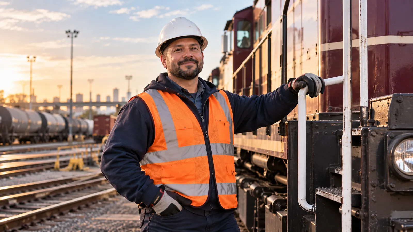 Railroad worker beside a locomotive
