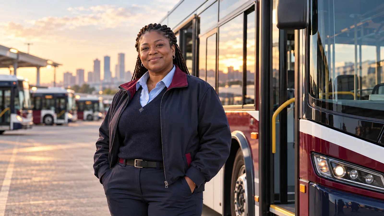 Public transit bus operator beside a city bus