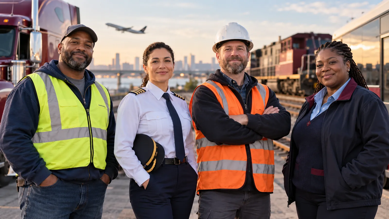 Diverse DOT safety-sensitive professionals: truck driver, pilot, railroad worker and transit operator