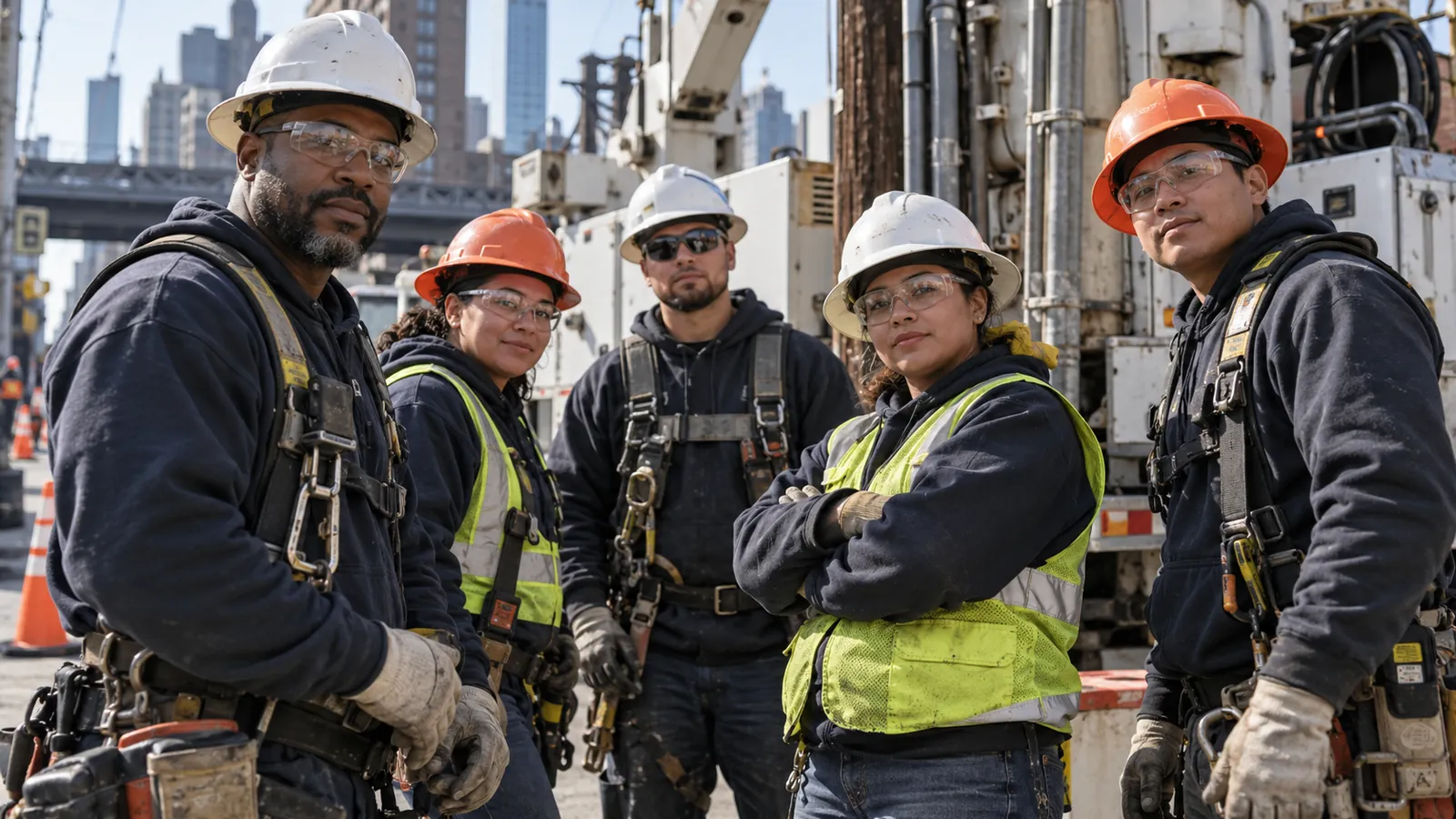 Utility and pipeline crew in hard hats and safety harnesses