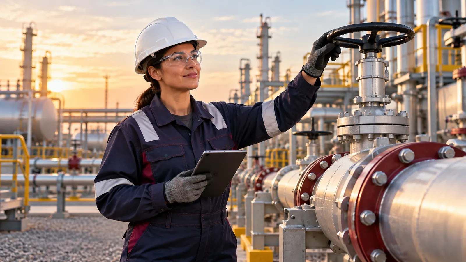 Pipeline worker operating a valve at a pipeline facility