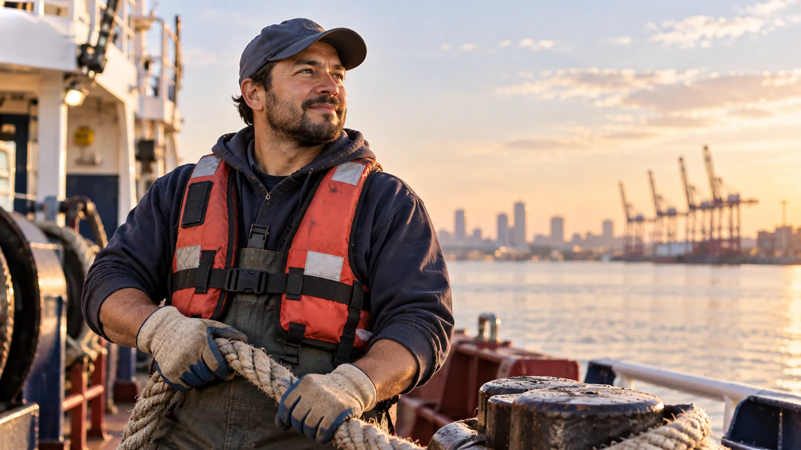 Commercial mariner aboard a vessel in a harbor